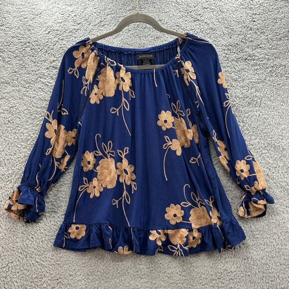 LIV Los Angeles Medium Blue Long Sleeve Blouse Floral Embroidery Boho - Picture 1 of 9